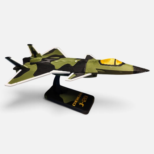 ASmaker3D Chengdu J-20 stealth fighter model kit with olive, black, and tan camouflage on a custom display stand.