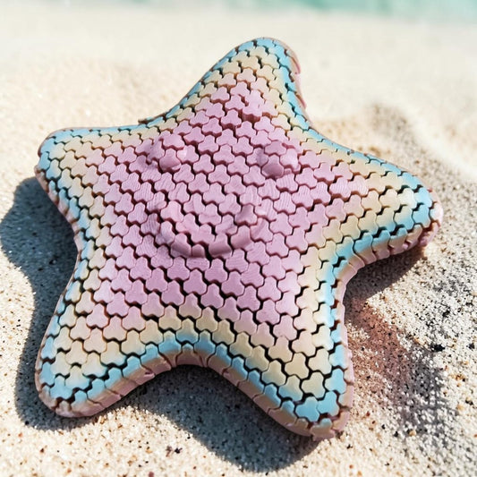 ASmaker3D articulated smiling starfish fidget toy with a pastel gradient finish resting on sandy beach sand.