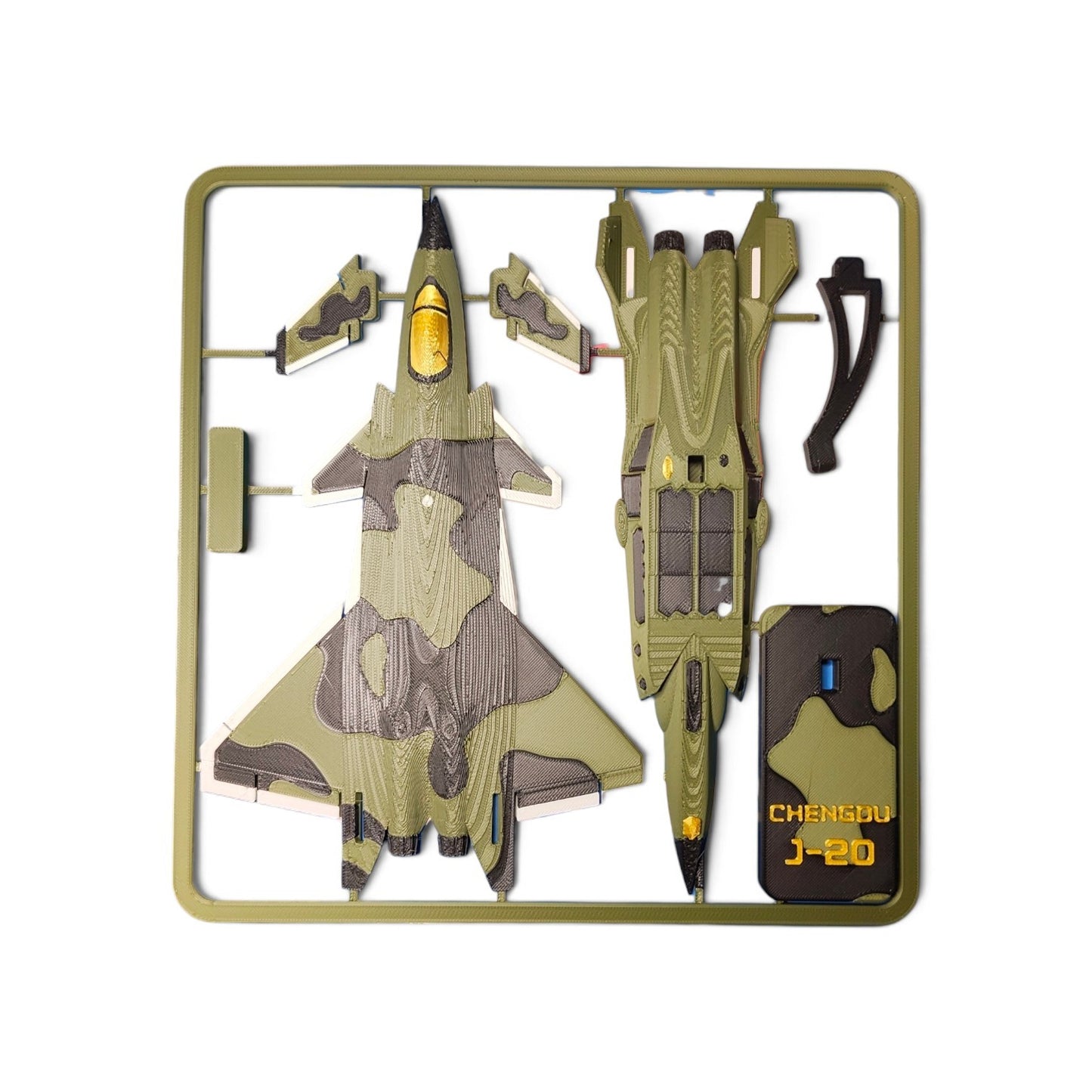 ASmaker3D Chengdu J-20 stealth fighter model kit in a frame with olive, black, and tan camouflage finish.